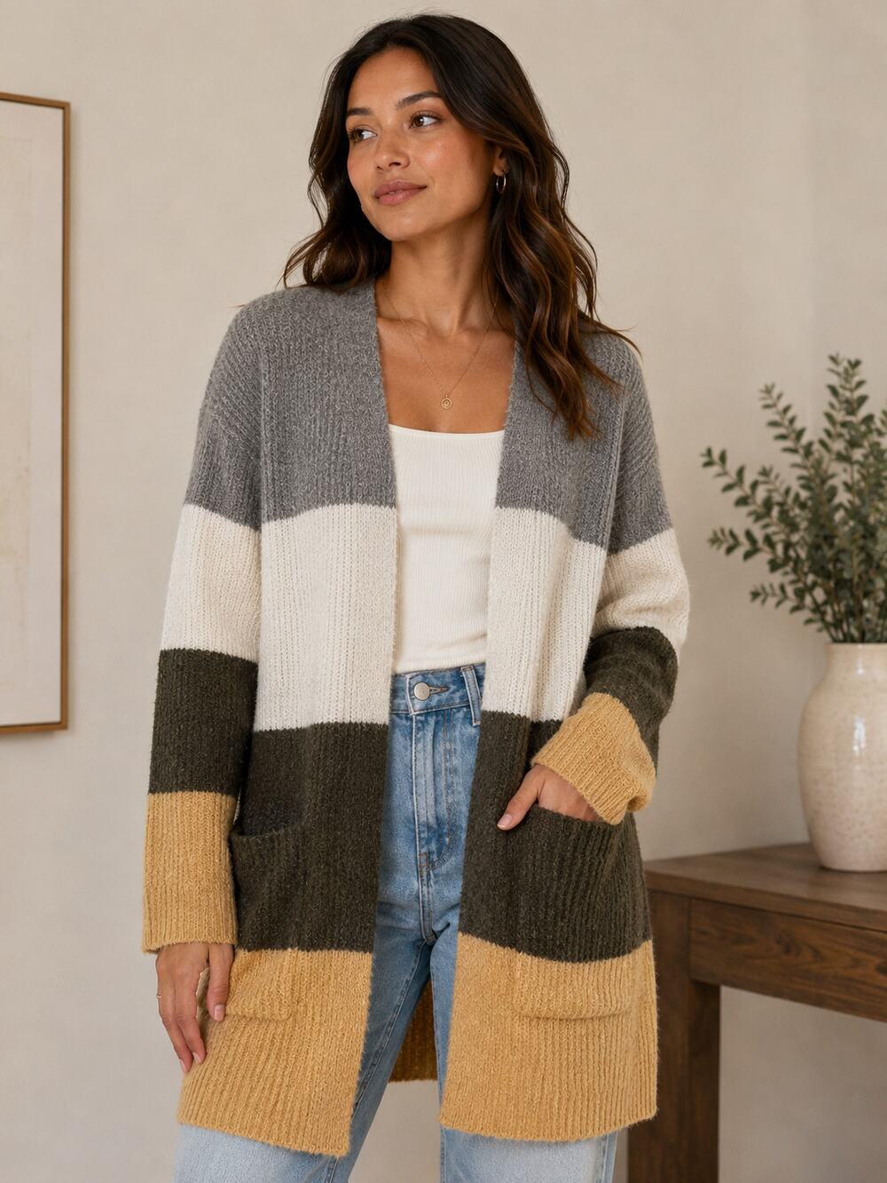 Pink Clover Longline Colorblock Cardigan L Gray Cream Taupe Pockets